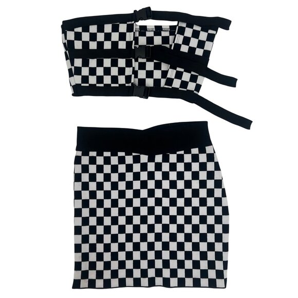 Boutique Dresses & Skirts - Checkered Black White Buckle Front Crop Top & Mini Skirt 2 Piece Set | Rave EDM